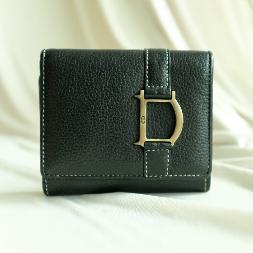 Christian Dior Leather Trifold Wallet - Black, Gold Hardware